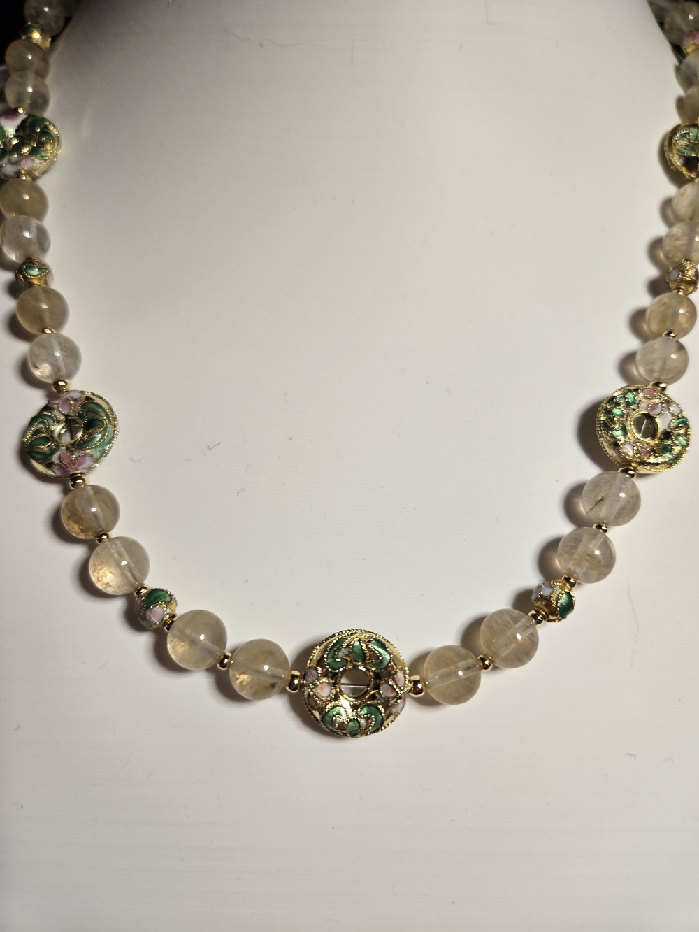 Gold Rutilated Quartz And Cloisonne Necklace And Earring Set - Picture 3 of 3